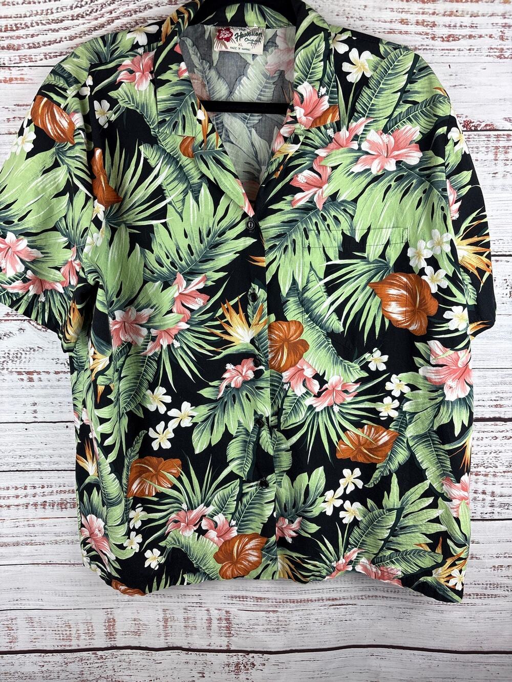 Vintage Hilo Hattie Hawaiian Original Black Tropical SS Button Up Shirt Mens XL